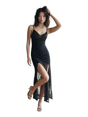 ​Y2K Metal Mulisha Black Lace Slip Midi Dress Grunge Goth Slit Size Small
